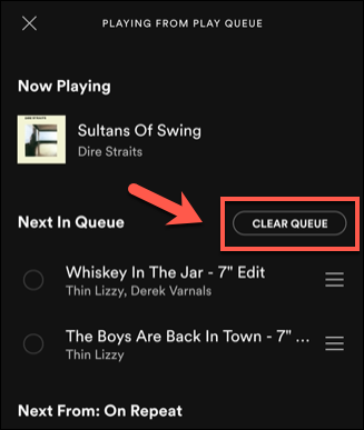 Para limpar músicas adicionadas manualmente de sua fila do Spotify, toque na lista "Limpar fila".