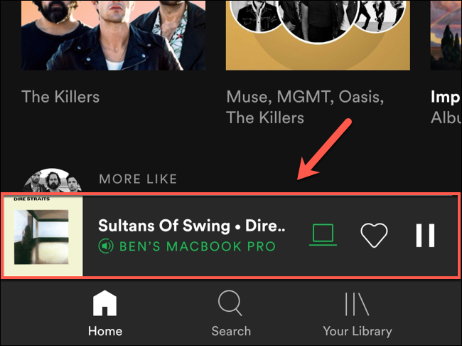 No aplicativo móvel Spotify, toque na barra de reprodução na parte inferior do aplicativo para visualizar suas opções de reprodução de música.