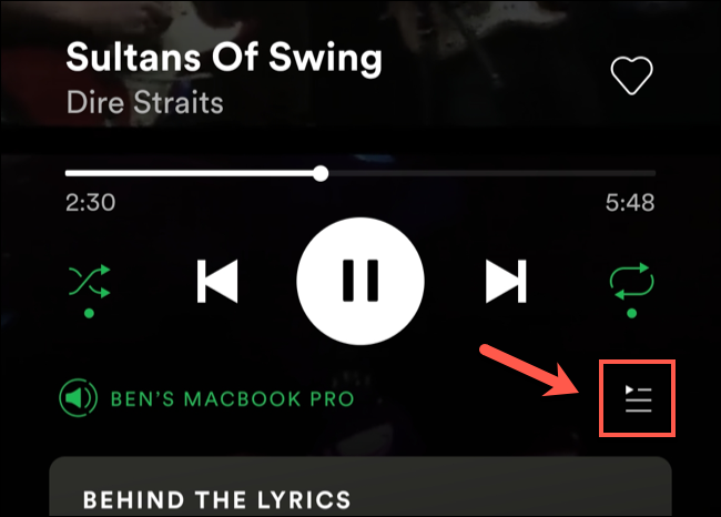 No menu de jogo do Spotify, toque no ícone "Fila" no canto inferior direito.