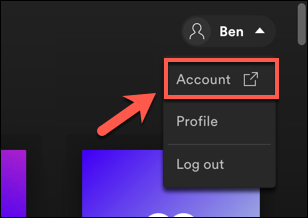 No web player do Spotify (que será carregado após o login pela página inicial), pressione o nome da sua conta no canto superior direito e clique em "Conta".