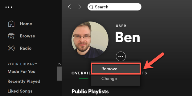Os usuários do Spotify no Windows podem remover uma imagem de perfil existente pressionando Alterar> Remover no menu do perfil.