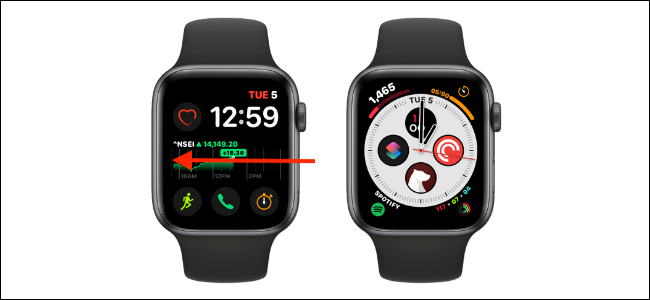 Deslize da borda esquerda ou direita para alterar o mostrador do relógio no Apple Watch