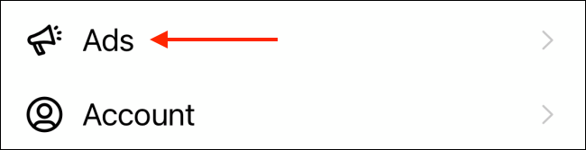 Toque em Anúncios nas configurações do Instagram