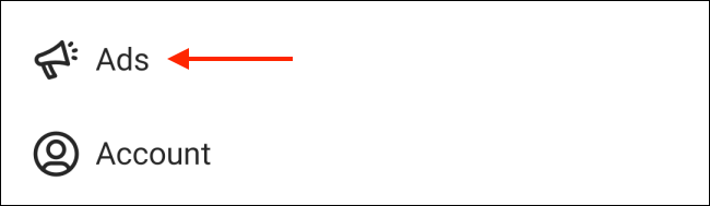 Toque em Anúncios nas configurações do Instagram