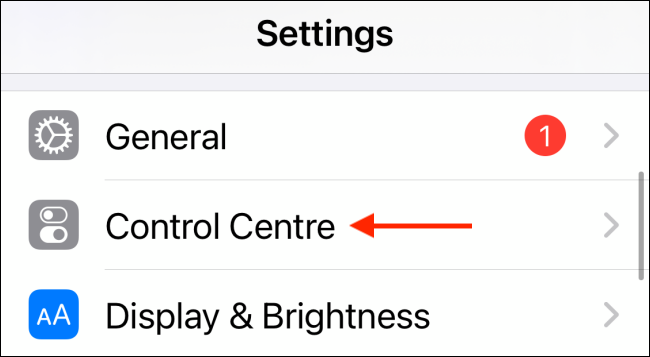 Escolha Centro de Controle em Configurações