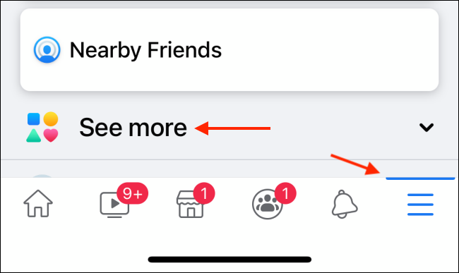 Toque em Ver mais do Facebook para iPhone