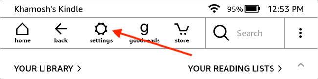 Toque em Configurações na página inicial do Kindle