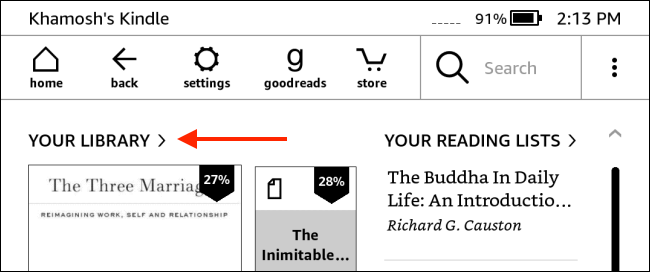 Toque em sua biblioteca na página inicial do Kindle