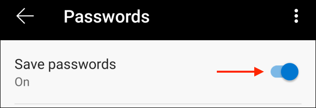 Toque para desativar Salvar senhas no Edge para Android