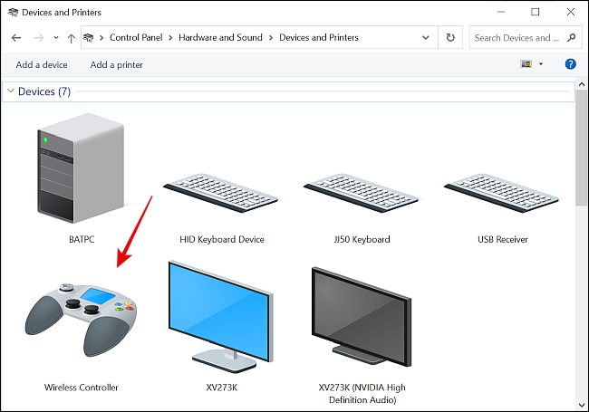 Controlador sem fio no menu Dispositivos