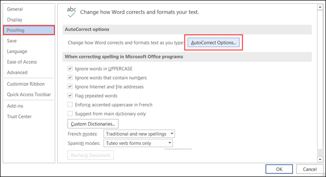 Clique em Opções de revisão e autocorreção