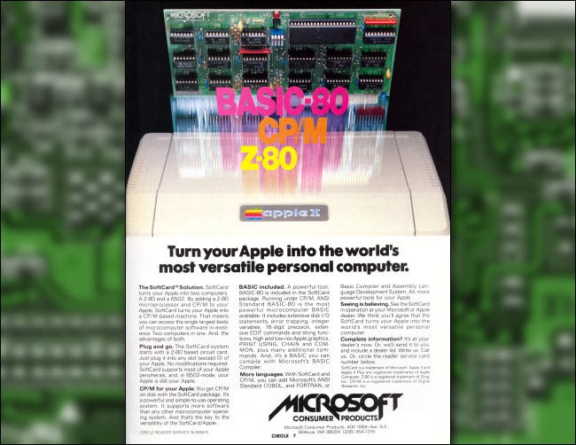 Um anúncio de 1980 do Microsoft Softcard que executava CP / M em um Apple II.