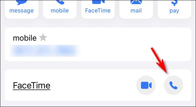 Em Contatos do iPhone, toque no ícone do telefone ao lado de "FaceTime" para fazer uma chamada de áudio FaceTime.
