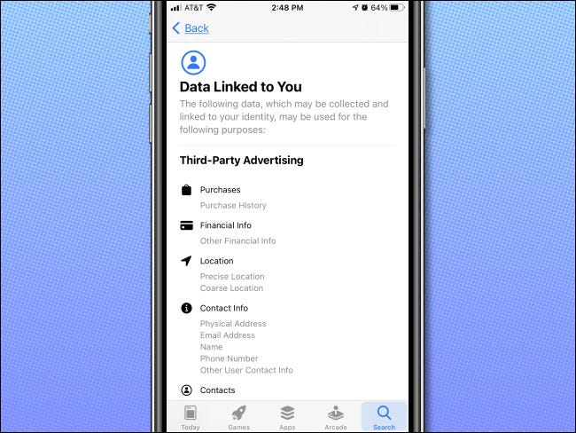 Um exemplo da página de detalhes de privacidade do aplicativo na iPhone App Store.