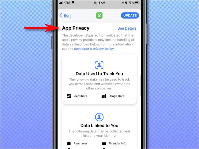 A seção "Privacidade do aplicativo" na listagem da App Store de um aplicativo no iPhone.