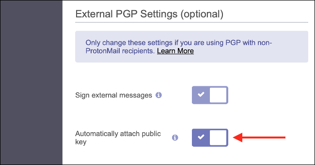 Anexe automaticamente a chave pública às mensagens ProtonMail de saída