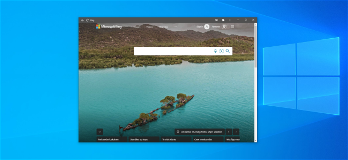 Bing instalado como um aplicativo usando o Chrome no Windows 10.