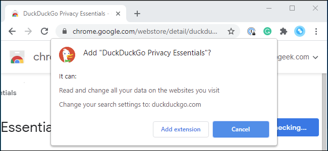 Solicitação de permissão do Chrome ao instalar a extensão DuckDuckGo.