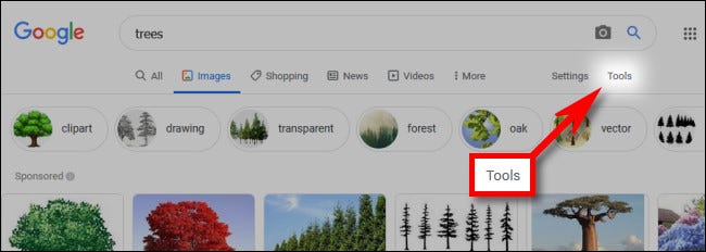 Nos resultados do Google Image, clique em "Ferramentas".