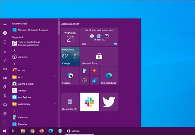 Um menu Iniciar do Windows 10 com uma cor de destaque adicionada.