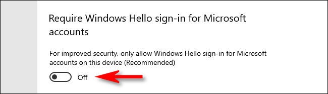 Para desativar o Windows Hello, desative a opção ao lado de "Exigir login do Windows Hello para contas da Microsoft" na Instalação do Windows 10.