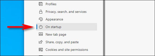 Na barra lateral Configurações do Edge, selecione "Inicialização".