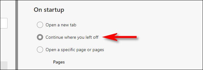 Nas configurações do Edge "Inicialização", selecione "Continuar de onde você parou".