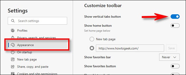 Em Configurações do Edge, clique em "Aparência" e depois em "Mostrar botão de guias verticais".