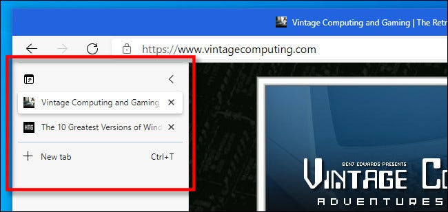 Um exemplo de guias verticais no Microsoft Edge.