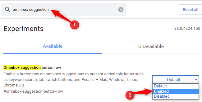 Ative a sinalização "Linha do botão de sugestão da omnibox".