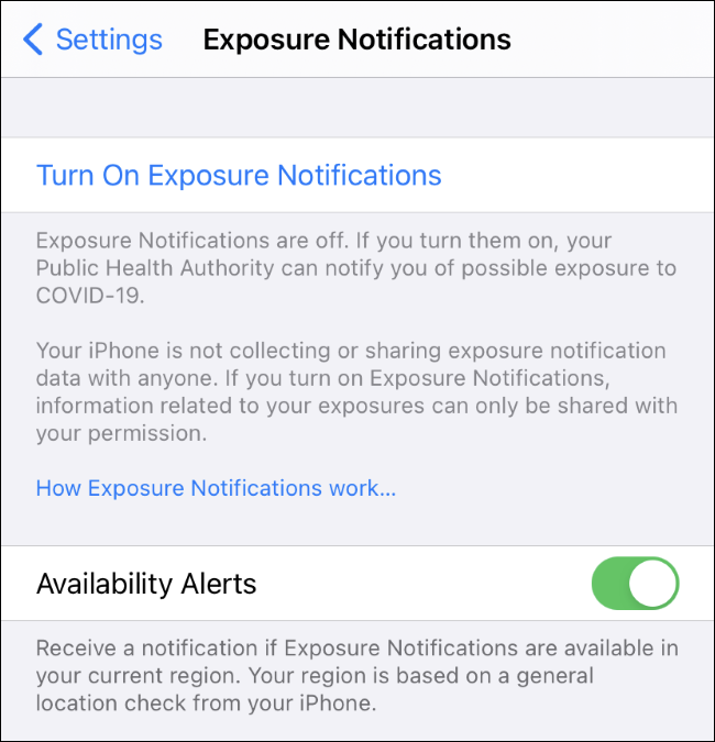A configuração Alertas de disponibilidade para notificações de exposição COVID-19 no iPhone.