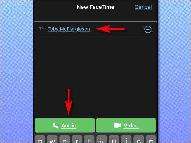 No FaceTime do iPhone, digite o nome ou número da pessoa e digite "Áudio".