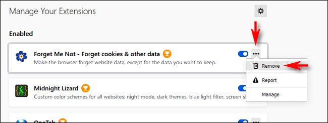 Para remover uma extensão no Firefox, clique no botão de reticências e selecione “Remover”.