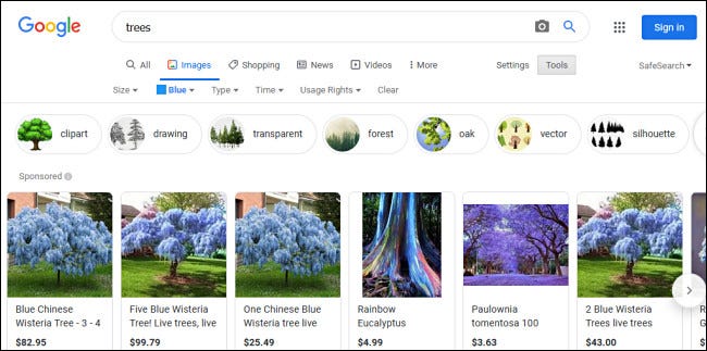 Exemplos de árvores "azuis" nos resultados da pesquisa de imagens do Google.