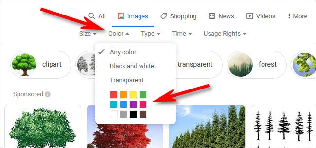 Na pesquisa de imagens do Google, clique no menu "Cor" e selecione uma cor.