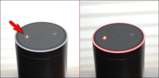 Usando o botão mudo em um Amazon Echo.