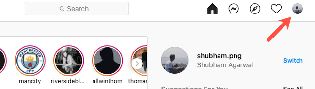 Toque no ícone de perfil de perfil no site do Instagram