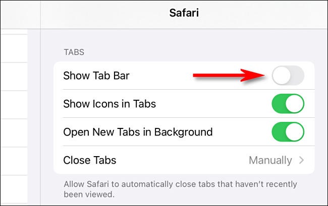 Nas configurações do Safari no iPad, mude "Mostrar barra de guias" para "Desligado".