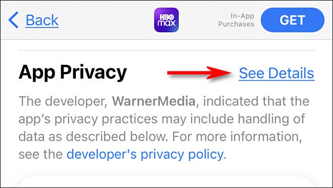 Na iTunes App Store, toque em "Ver Detalhes" para ver mais detalhes sobre as informações de privacidade do aplicativo.
