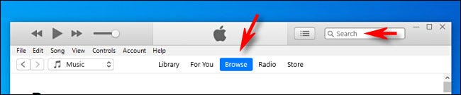 Navegue ou pesquise no iTunes no Windows 10.