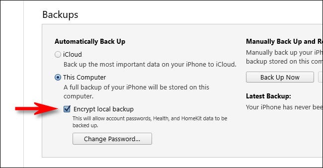 No iTunes, marque "Criptografar backup local".