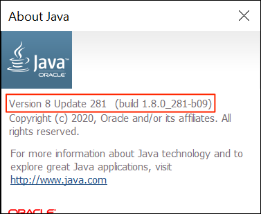 Visualize sua versão do Java usando Sobre o Java