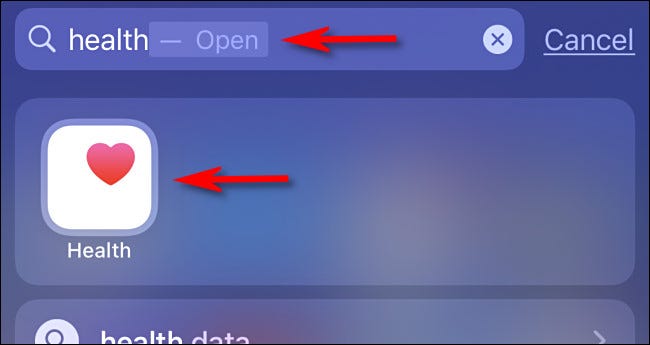 Usando o Spotlight, pesquise "Saúde" e toque no ícone Saúde.
