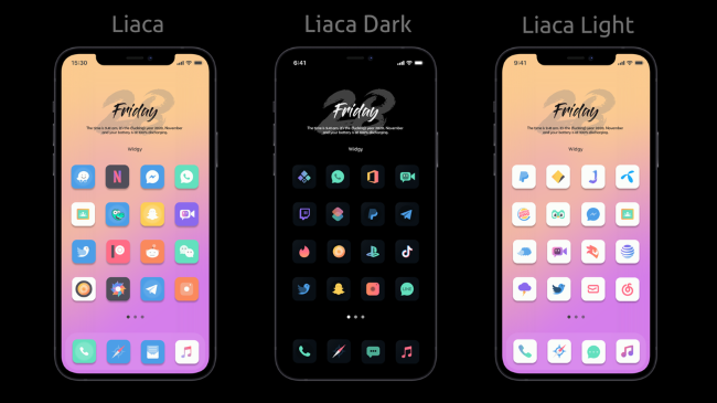 Conjunto de ícones personalizados do Liaca nas telas iniciais do iPhone.