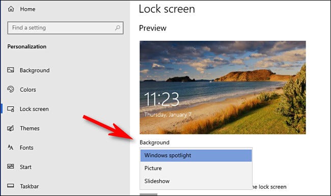 Nas configurações da tela de bloqueio do Windows 10, clique no menu suspenso "Plano de fundo" e faça uma escolha.