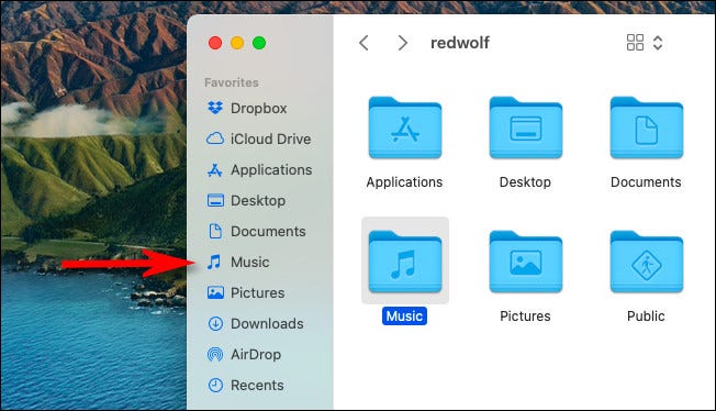 O atalho "Música" na barra lateral "Favoritos" do Finder.
