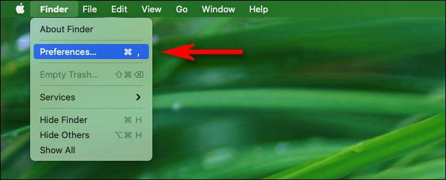 Clique em “Finder” na barra de menu e selecione “Preferências”.