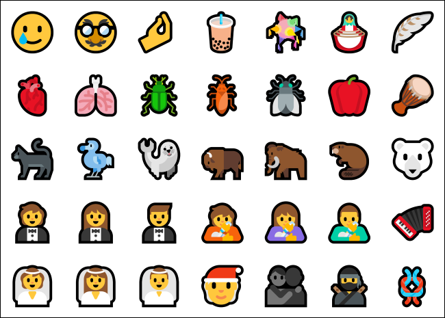 Alguns novos emoji para Unicode 12.1 e 13.0 no Windows 10.