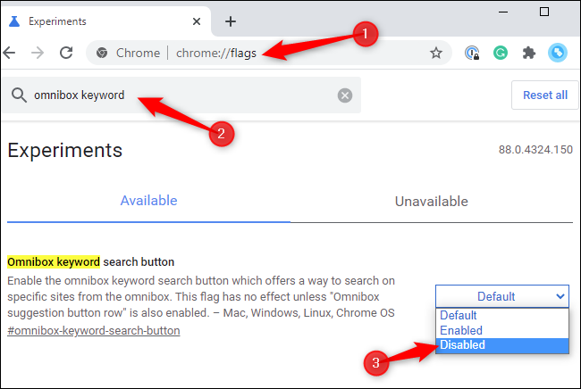 Desative o recurso "Botão de pesquisa por palavra-chave Omnibox".