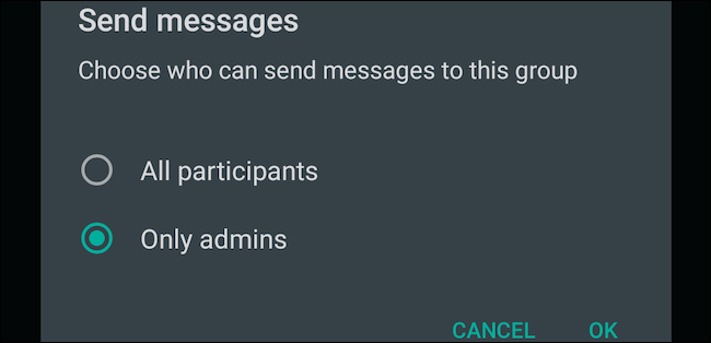 Selecione a configuração Somente administradores para mensagens de grupo do WhatsApp